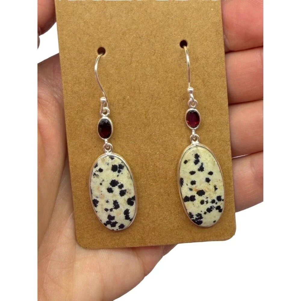 Dalmatian Jasper Garnet Earrings Solid 925 Sterling Silver